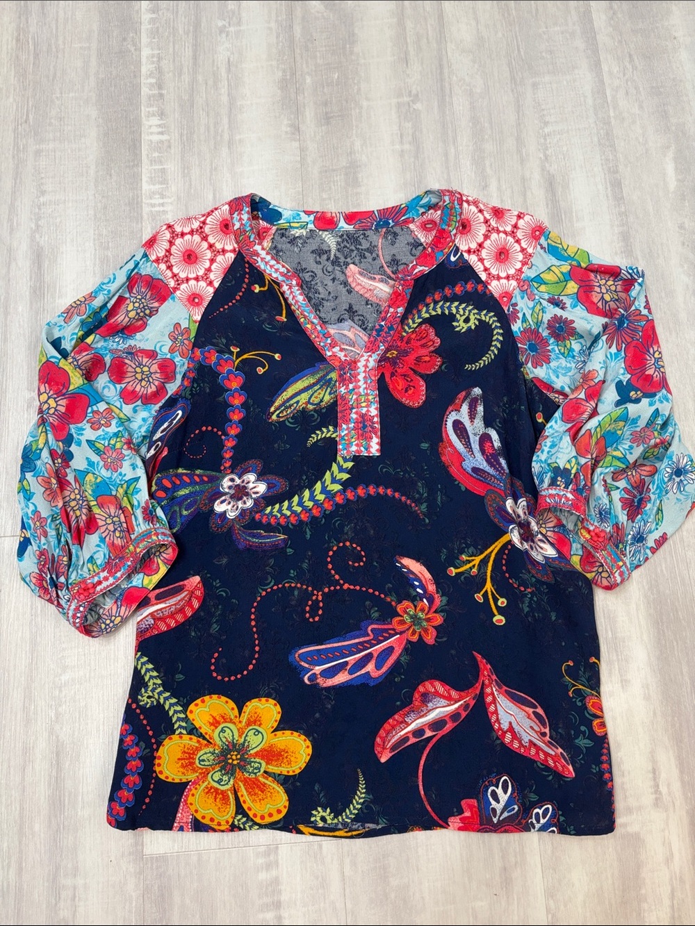 Ali Miles Mixed Media Floral Tunic Top - Navy, Red, Yellow, Turquoise